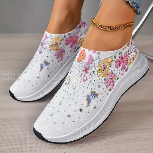 Zapatillas con decoración de gemas, livianos y estampado de flores
