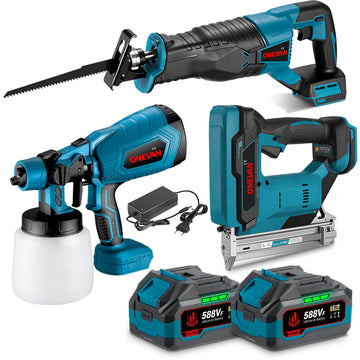 ONEVAN Paint Spray Gun & F30G Nail Gun & 32mm Reciprocating Saw Brushless Cordless 3‑Pc. Combo Kit 3.0Ah