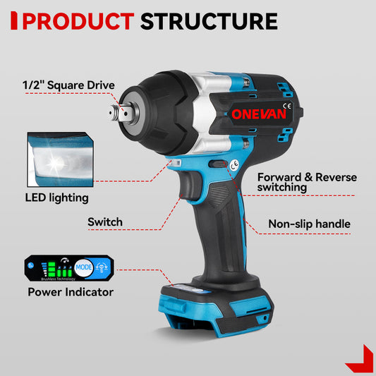 ONEVAN 1/2" Impact Wrench & 1/4" Screwdriver Brushless Cordless 2‑Pc. Combo Kit 3.0Ah