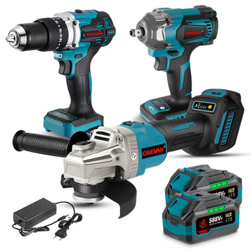 ONEVAN 1/2" 1200N·m Impact Wrench & 125mm Grinder & 13mm Drill Brushless Cordless 3‑Pc. Combo Kit 3.0Ah
