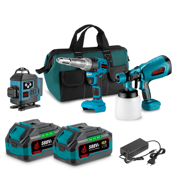 ONEVAN Paint Spray Gun & Green Laser Level & Electric Rivet Gun Brushless Cordless 3‑Pc. Combo Kit 3.0Ah