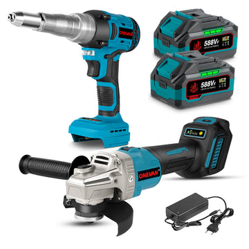 ONEVAN 125mm Angel Grinder & Electric Rivet Gun Brushless Cordless 2‑Pc. Combo Kit 3.0Ah