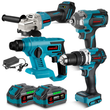 ONEVAN 1/2" 1200N·m Impact Wrench & 125mm Grinder & 13mm Drill & Hammer Drill Brushless Cordless 4‑Pc. Combo Kit 3.0Ah